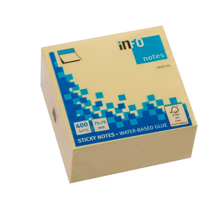Info 5820-01 Sticky Notes Cube, 7.5x7.5 cm, 400 Sheets, Yellow