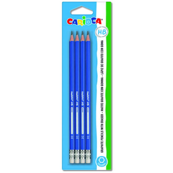 Carioca 42796 HB Wooden Pencils with Eraser, Pack of 4