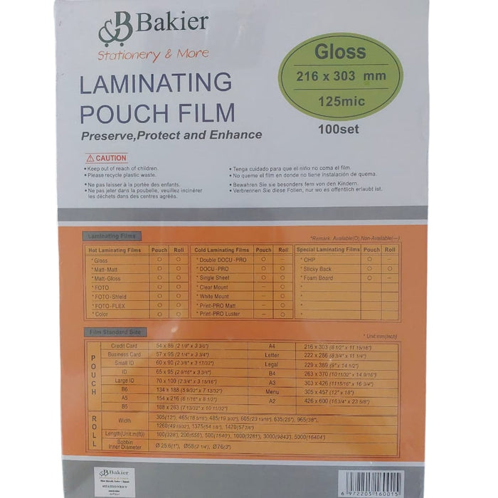 Bakier Laminating Pouch Film, 125 mic, 21.6x30.3 cm, Pack of 100
