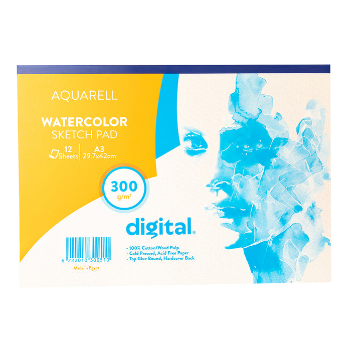 سكتش رسم بالألوان المائية من ديجيتال, 300 جم/م² ,12 ورقة, أبيض