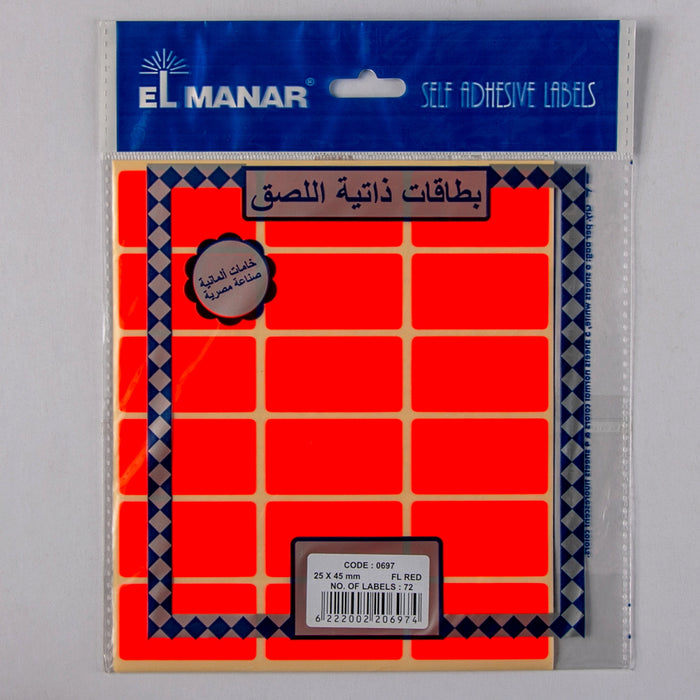 El Manar 697 Self Adhesive Label ,45x25 mm, Rectangle, 72 Pcs, Red