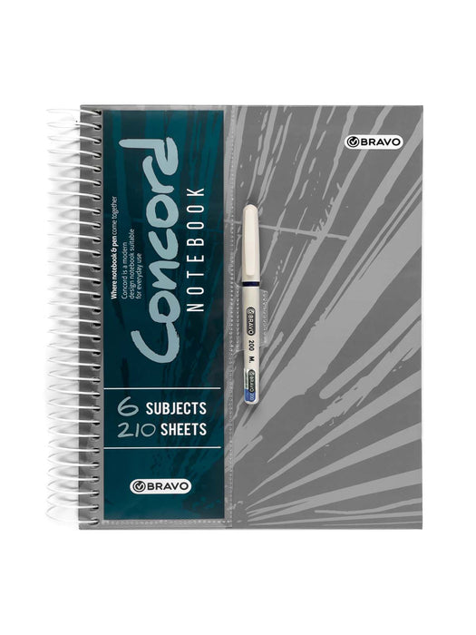 Bravo Concord Notebook with pen, A4 (21 x 29.7 cm), 6 Subject Lined Ruling, 210 Sheets