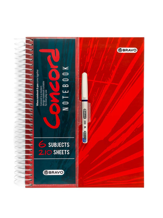 Bravo Concord Notebook with pen, A4 (21 x 29.7 cm), 6 Subject Lined Ruling, 210 Sheets