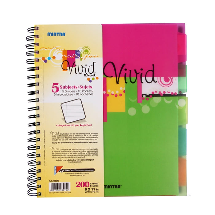 Mintra Vivid Notebook, 5 Subject, 23 x 27.9cm, Lined Ruling, 200 Sheets