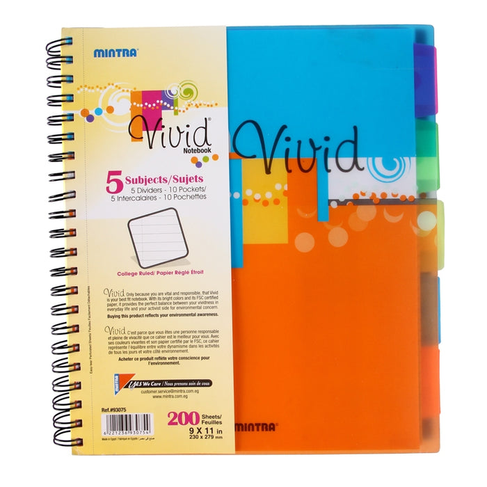 Mintra Vivid Notebook, 5 Subject, 23 x 27.9cm, Lined Ruling, 200 Sheets