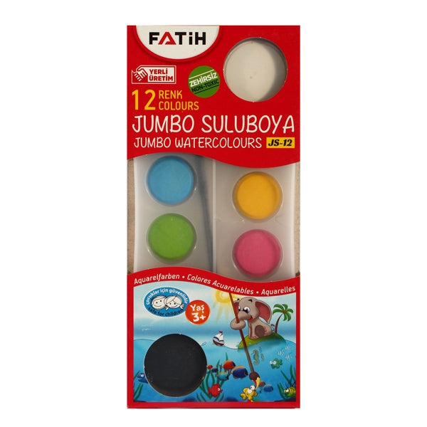 Fatih 50035 Jumbo Watercolor with Brush, 12 Colors