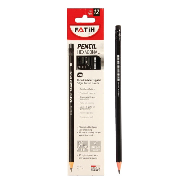 Fatih 91113 Pencil with Eraser, 2B, Set of 12 Pencils, Black